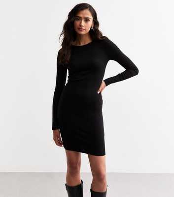 Tall Black Ribbed Jersey Mini Dress