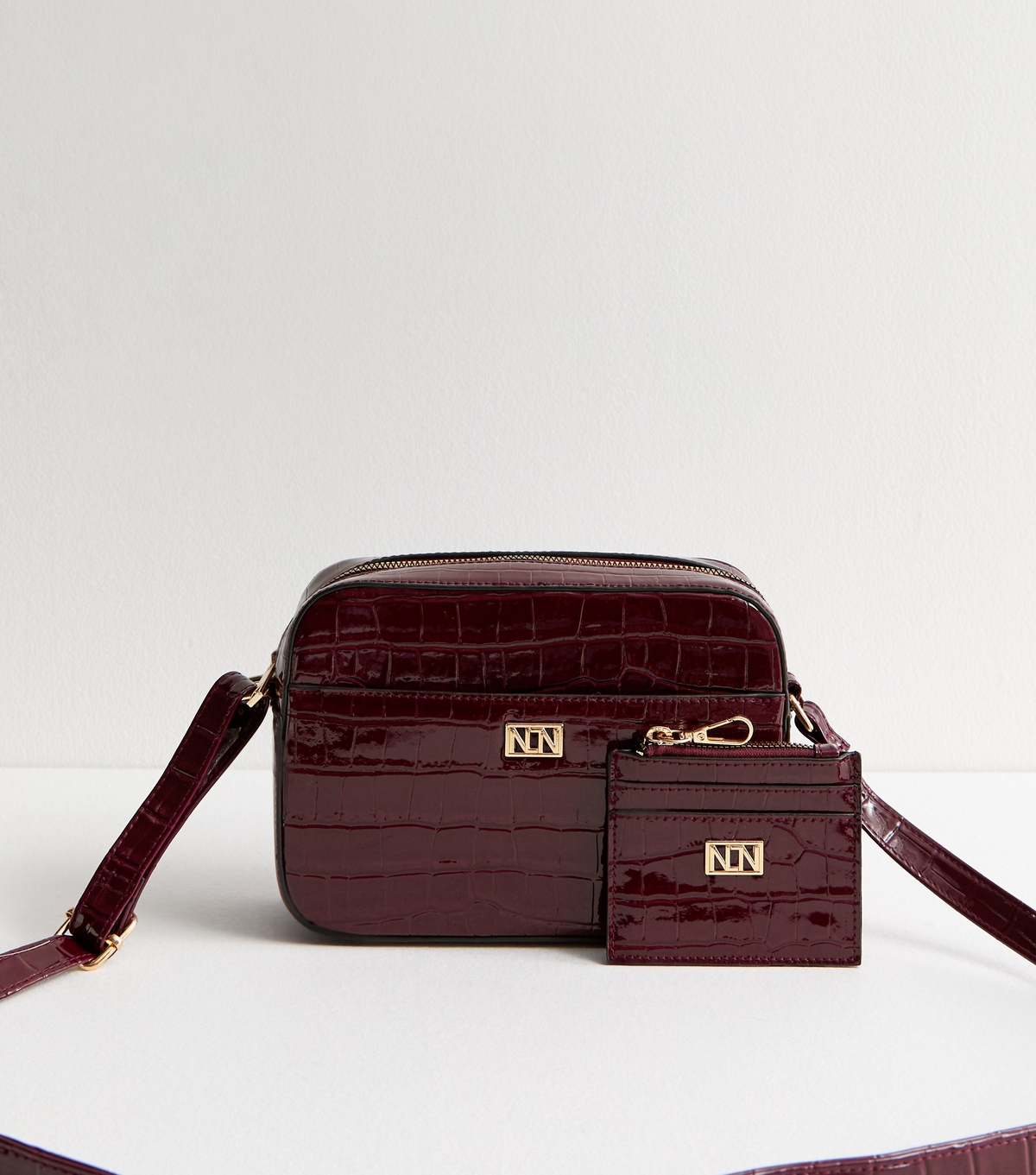 Burgundy Croc Effect Crossbody Bag and Card Holder Vegan New Look