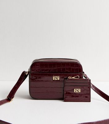 Burgundy Croc Effect Crossbody Bag and Card Holder