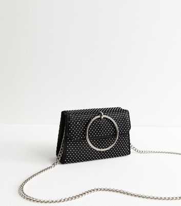 Black Crystal Hoop Handle Satin Clutch Bag 