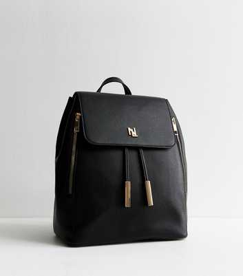 Black Logo Plaque Faux Leather Backpack