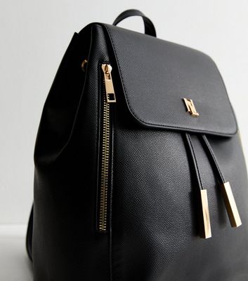 Black Logo Plaque Faux Leather Backpack New Look