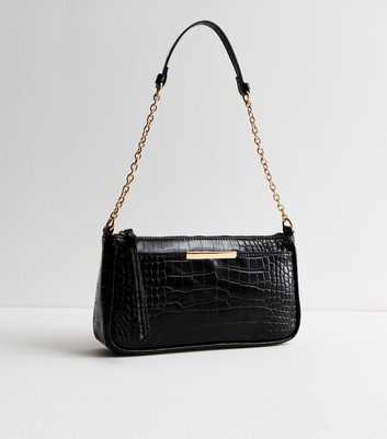 Black Crocodile Effect Faux Leather Shoulder Bag