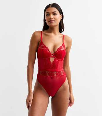 Red Foil Floral Embroidery Mesh Thong Bodysuit