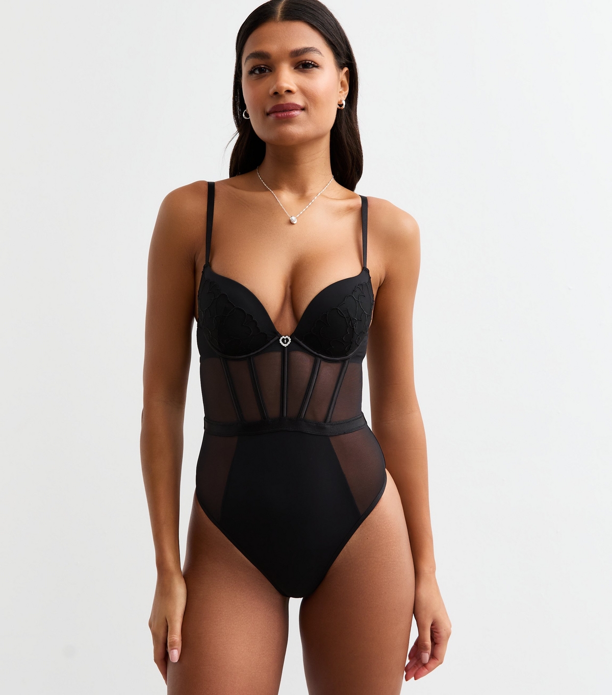 Women's Black Heart Embroidered Push Up Mesh Bodysuit New Look