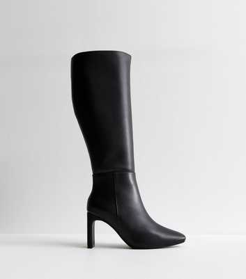 Black Leather-Look Zipped Knee High Boots