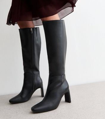 Black Leather Look Zipped Knee High Boots