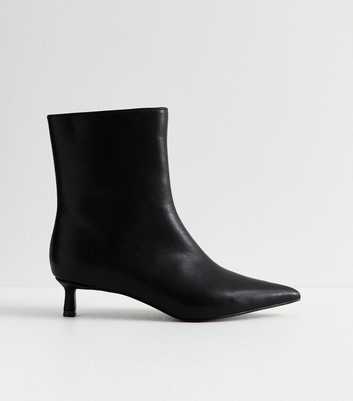 Black Leather Look Pointed Kitten Heel Ankle Boots