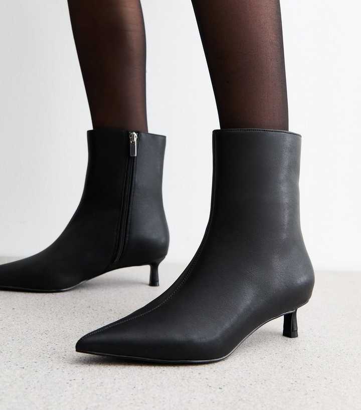 Black Leather Look Pointed Kitten Heel Ankle Boots