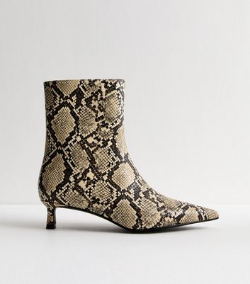 Off White Snakeskin Look Pointed Kitten Heel Ankle Boots New Look