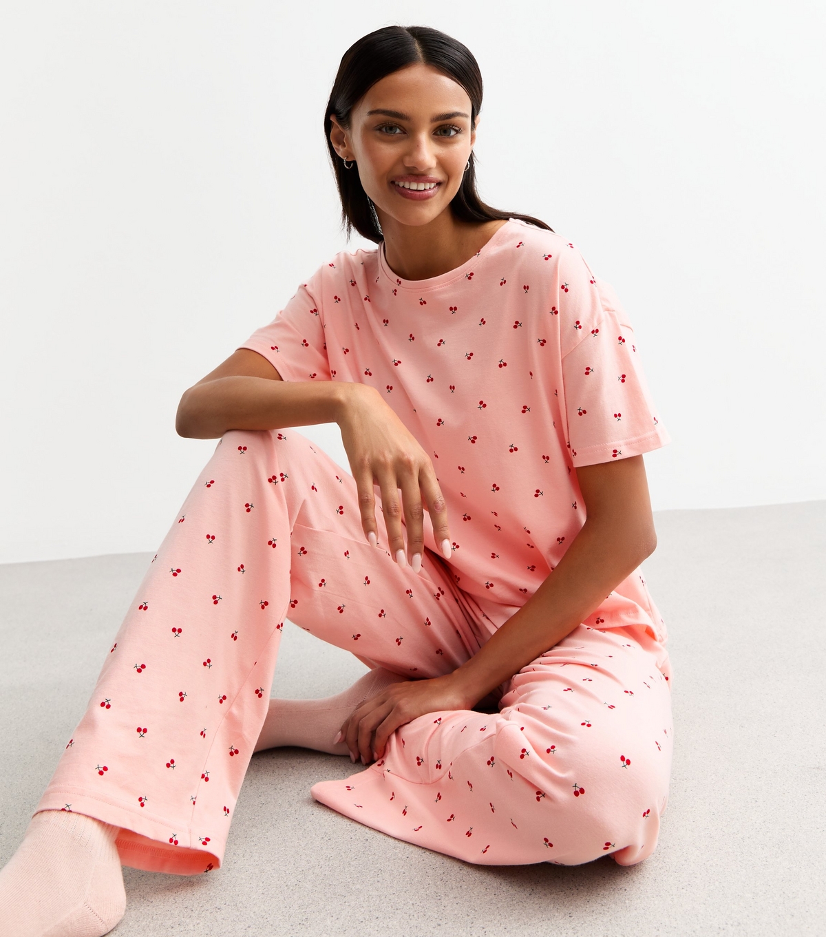 Women's Pink Cherry Print Cotton Long Pyjama Set New Look