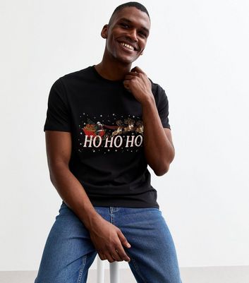 Men's Black Regular Christmas Sleigh Print T-Shirt New Look