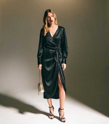 Black Foil Long Sleeve Wrap Midi Dress