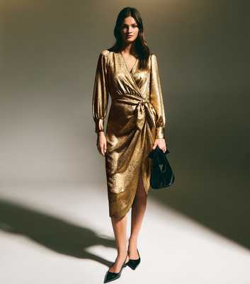 Gold Foil Long Sleeve Wrap Midi Dress