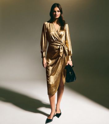 Gold Foil Long Sleeve Wrap Midi Dress New Look