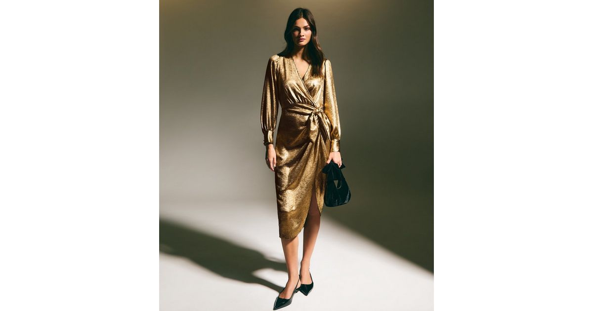 Gold Foil Stamping Slit Long Sleeve Maxi Dress main image 1