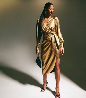 Gold Foil Long Sleeve Wrap Midi Dress New Look