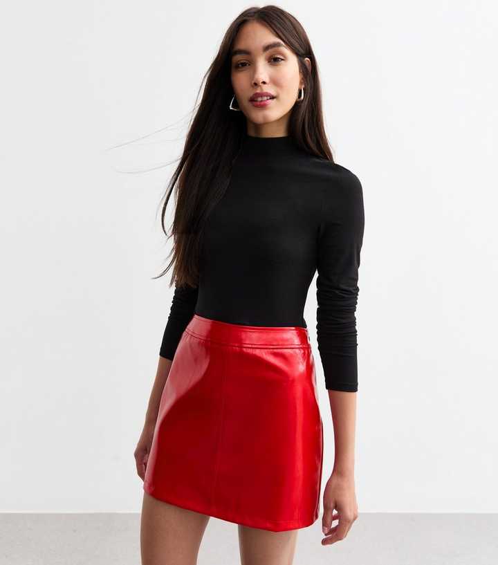Faux Leather Red Leather High Waisted Skirt Vinyl Skirt Red Patent