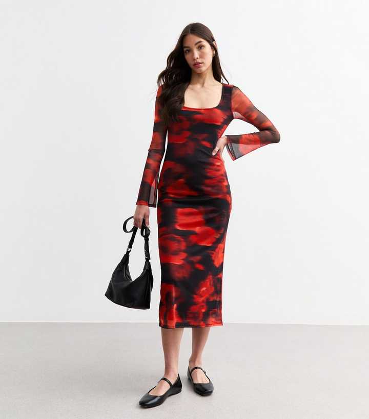 knee length dresses for ladies Katie Midi Dress in Red Milos Floral Cream