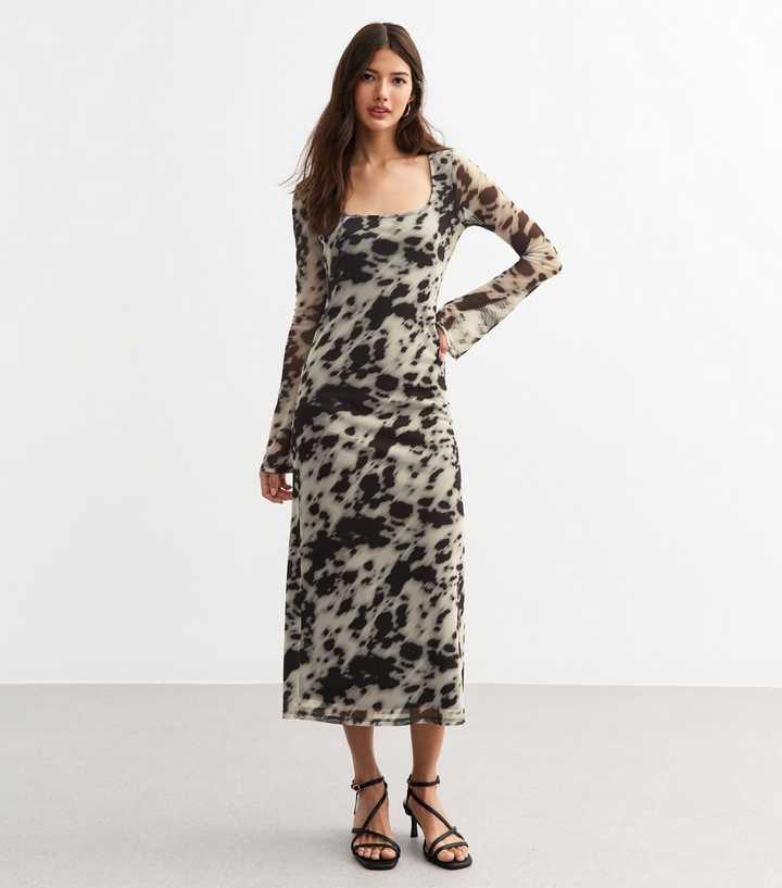 cow print mesh dress Brown Mesh Cow Print Slash Neck Mini Dress