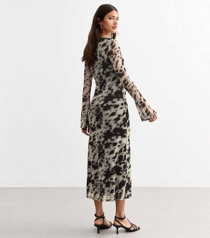 Black Cow Print Mesh Long Sleeve Dress | New Look