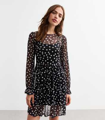 Black Polka Dot Mesh Long Sleeve Mini Smock Dress