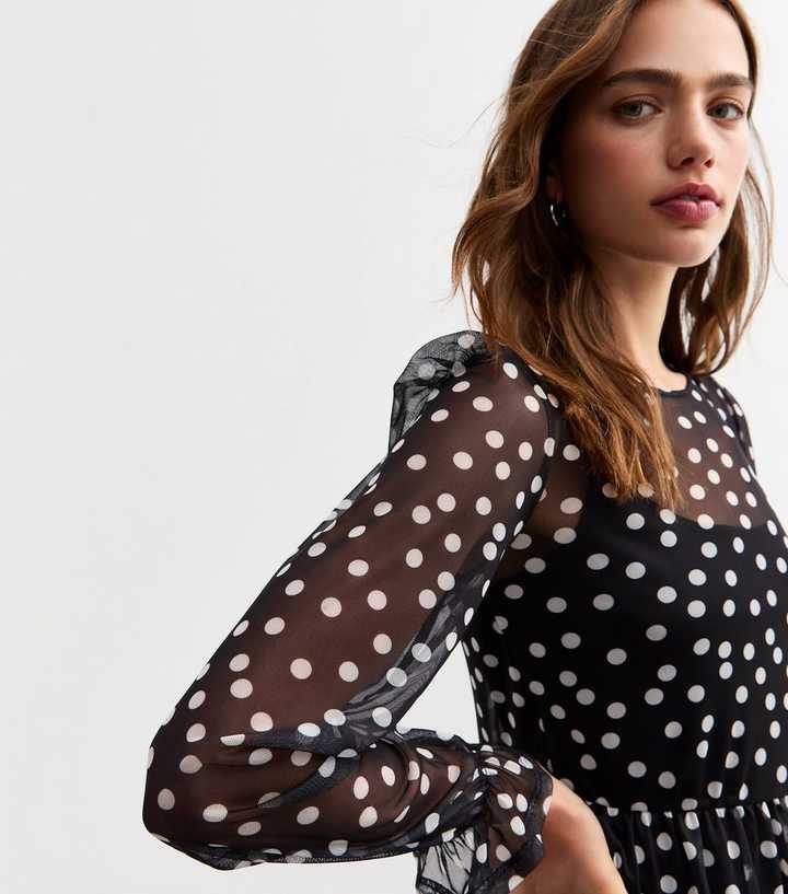Black Polka Dot Mesh Long Sleeve Mini Smock Dress