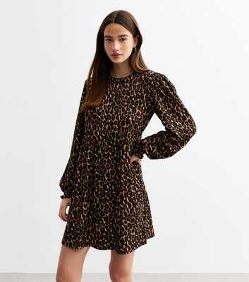 Brown Leopard Print Long Sleeve Smock Dress