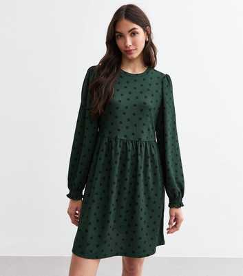 Green Polka Dot Crinkled Long Sleeve Mini Smock Dress