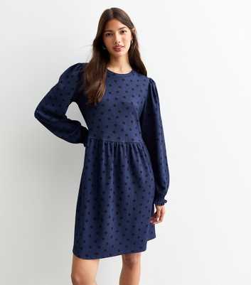 Blue Polka Dot Long Sleeve Mini Smock Dress