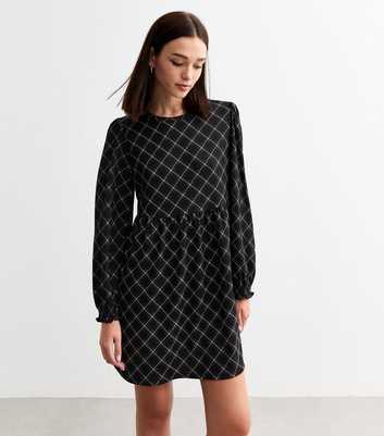 Black Checked Crinkled Long Sleeve Mini Smock Dress