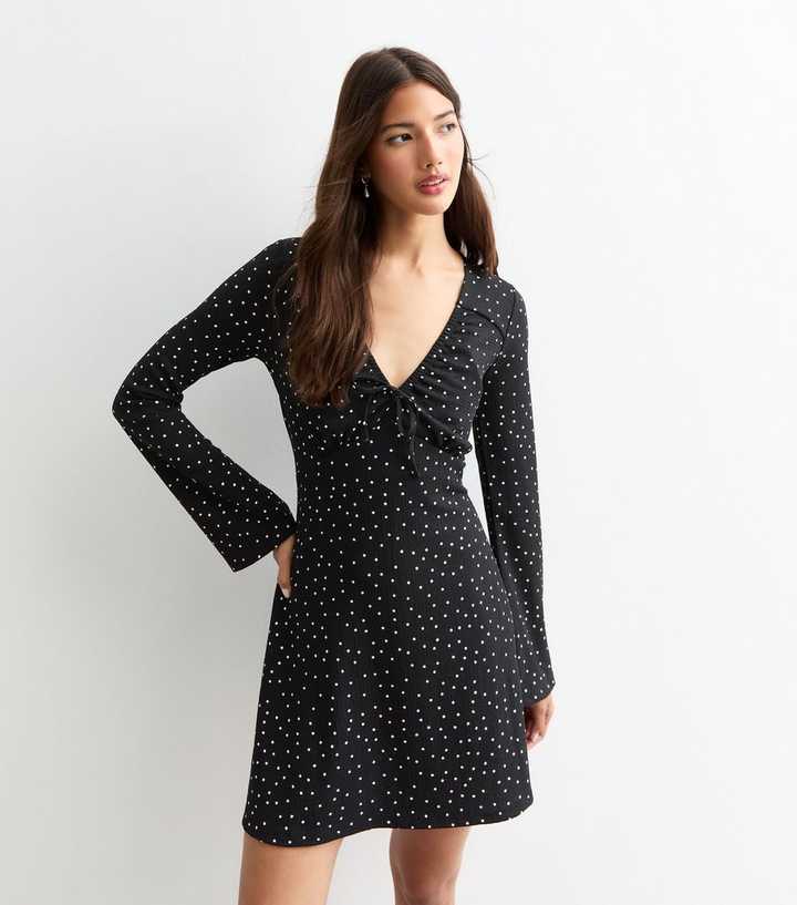 Black Spotted Long Sleeve Skater Dress | New Look