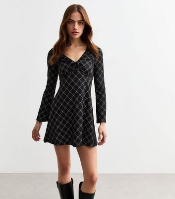 Black Check Tie Front Mini Skater Dress New Look