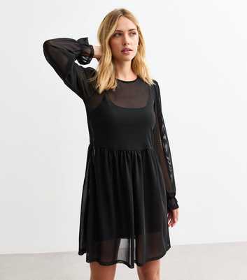 Black Mesh Long Sleeve Mini Smock Dress