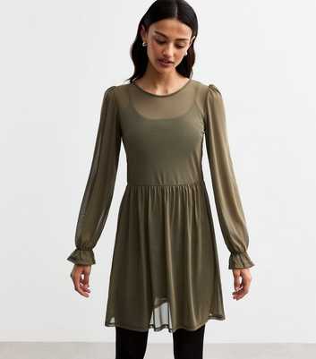 Khaki Mesh Long Sleeve Mini Smock Dress