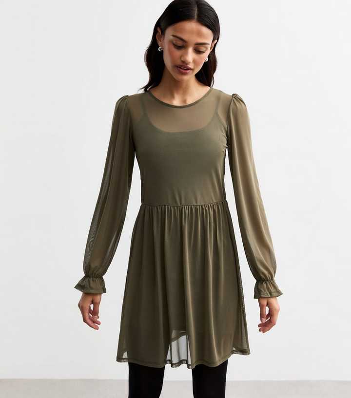 Khaki Mesh Long Sleeve Mini Smock Dress