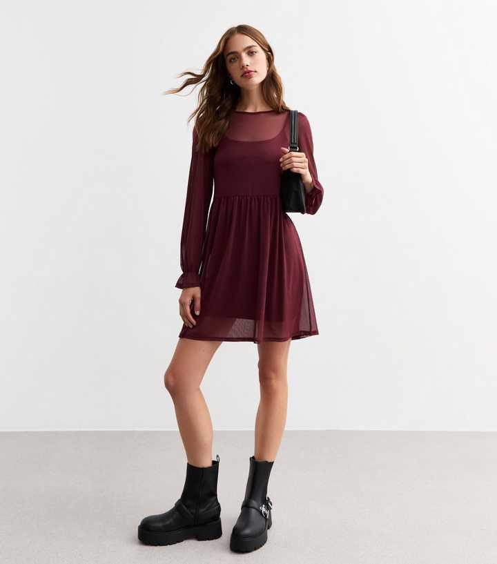 Burgundy Mesh Long Sleeve Mini Smock Dress Burgundy Mesh Long Sleeve Mini Smock Dress