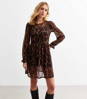 Brown Leopard Print Mesh Mini Dress