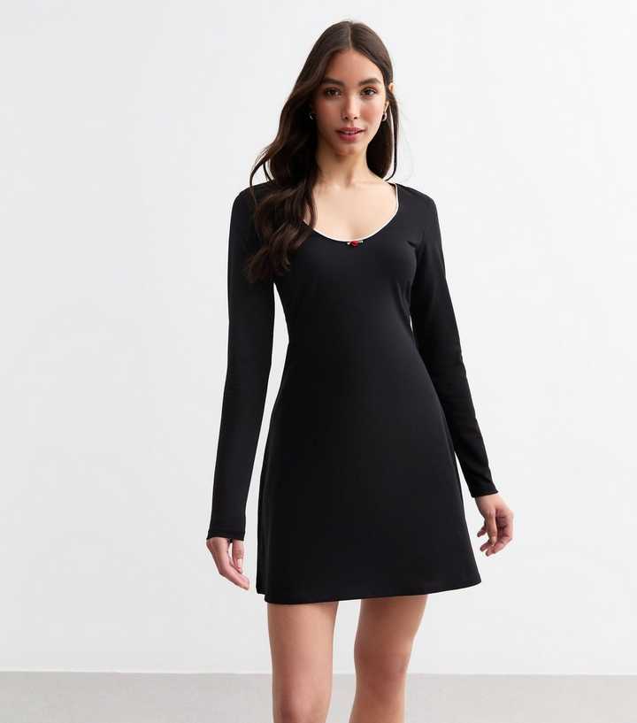 black one shoulder long sleeve mini dress Rae Sculpted Scoop-Neck Mini Dress Black / XS