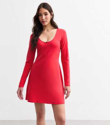 Red Scoop Neck Long Sleeve Rose Mini Dress 