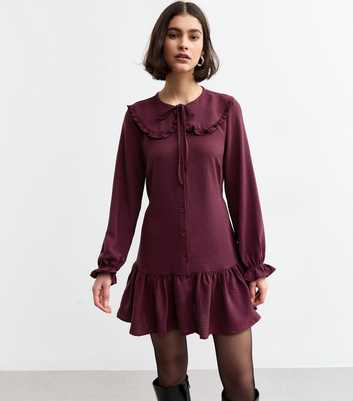 Burgundy Frilly Trimmed Crinkle Texture Mini Dress