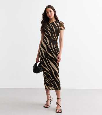 Black Tiger Print Mesh Short Sleeve Midi Dress