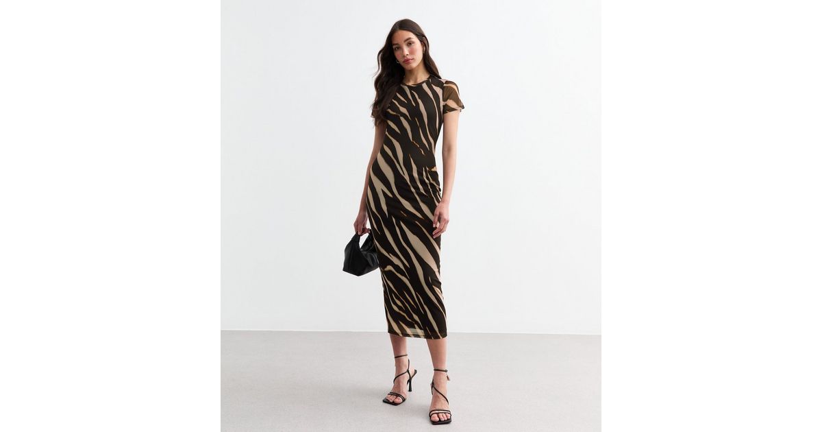 Trendy Animal Print High Neck Long Sleeve Midi Dress - Tiger main image 0