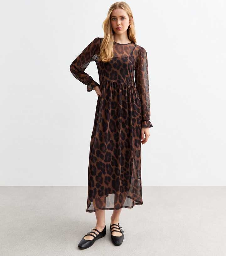 knee length dresses for ladies New Look Black Curves Brown Leopard Print Poplin Midi Dress UK 22 – Reliked main image 0