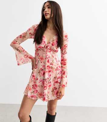 Pink Floral Print Mesh Mini Skater Dress