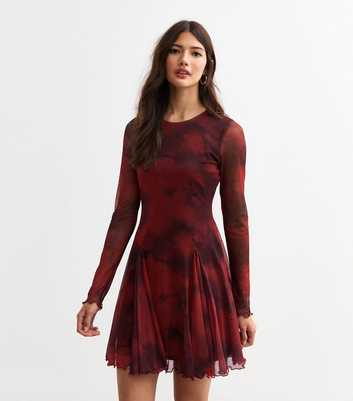 Red Abstract Print Mesh Mini Skater Dress