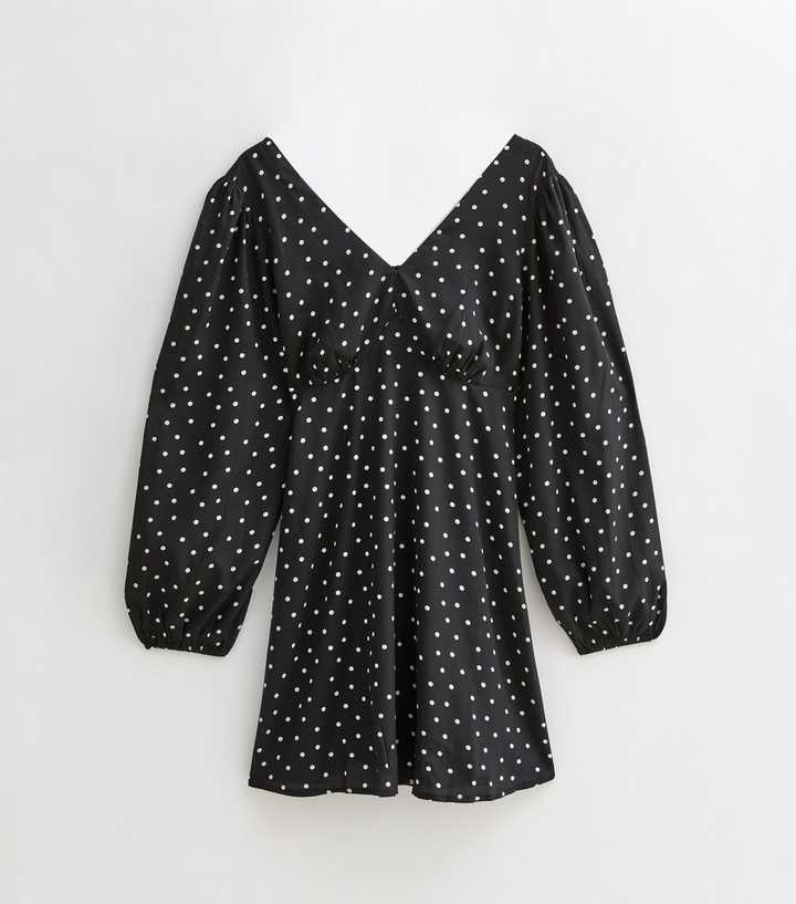 Black Polka Dot Print Long Sleeve Mini Dress | New Look