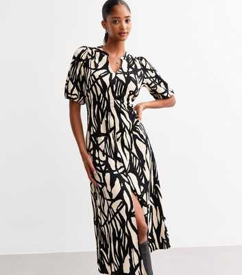 Black Abstract Print Crinkled Midi Dress