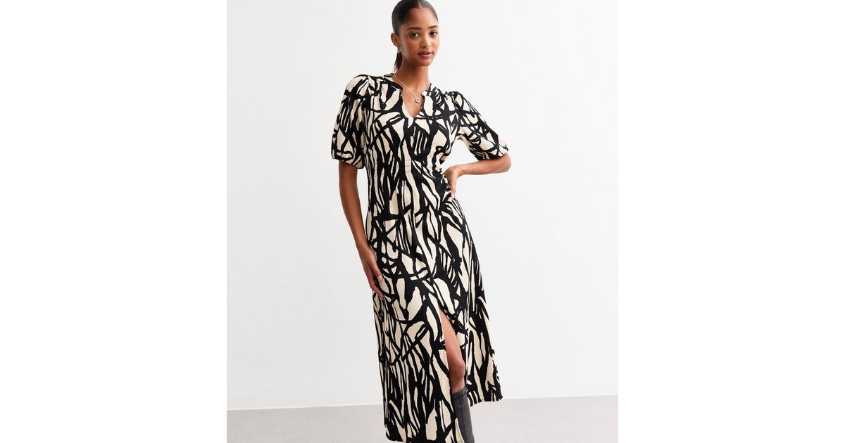 Black Abstract Print Knit Sleeveless Midi Dress main image 0