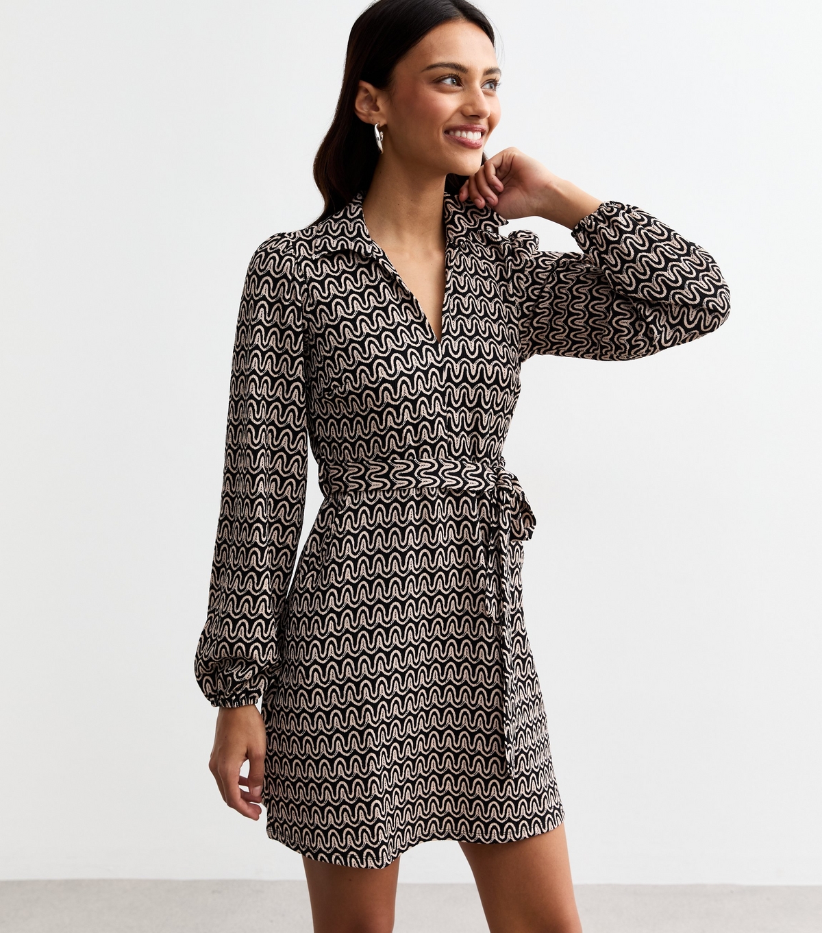 Women's Brown Woven Wavey Pattern Mini Shirt Dress New Look